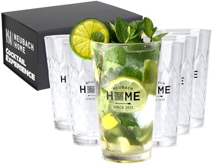 NEUBACH HOME - Interaktive Cocktailgläser 6er Set 500ml XL - Online Cocktailwelt mit Rezepten – Trinkgläser als Longdrinkgläser kreatives Gläser Set für Party Bier Eiskaffee Apfelwein