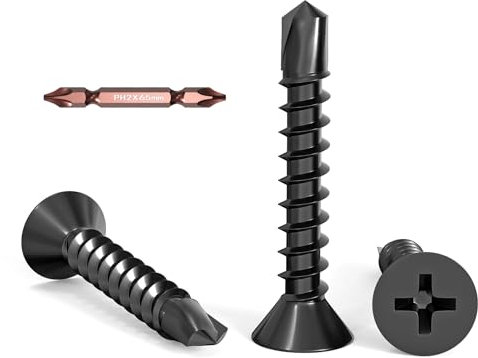 Dayalo 50 tornillos autorroscantes de chapa de 4,2 x 25 mm, acero inoxidable, tornillos de cabeza plana en cruz, tornillos de perforación negros, tornillos autorroscantes con broca