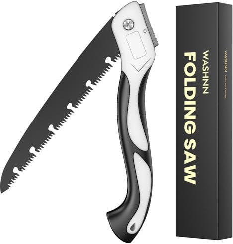 Astsäge 24 cm mit Stahlblatt SK5 zum Baumfällen, Gartenarbeiten, Camping, Holzschneiden, PVC, Sicherheitsverriegelung, rutschfester Griff, klappbar (Weiß)