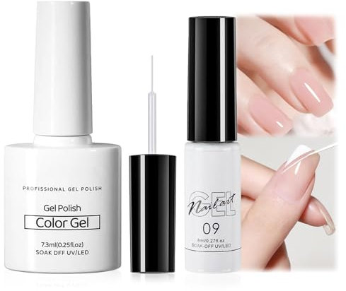 Nude & White French Manicure Gel Nail Polish Set - Sheer Nude Color With White Liner Paint, UV/LED Soak Off Varnish Kit For DIY Nail Art