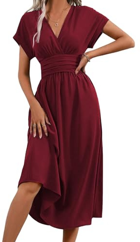LIAMERHE Vestido Primavera/Verano Manga Corta/Larga Mujer Casual Vestidos Largos Cuello en V Elegante Plisado Vestido Línea A Vestido Largo para Fiesta en Playa