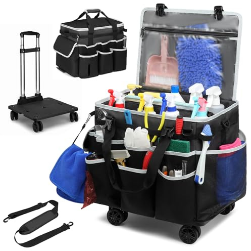 Large Rolling Cleaning Caddy Bag with Detachable Trolley, Full Support Plates for Professional Cleaning Supplies Bag, Organizer Bag with 4 Universal Wheels for Housekeepers, Car Wash