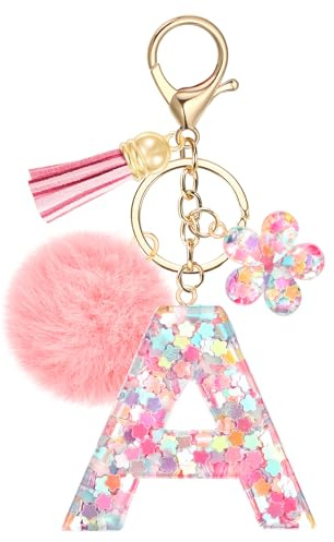 JSRQT Llavero Pompones con Letra Inicial Rosa A para Mujeres Niñas, Nombre Llavero Alfabeto de Resina con Lentejuelas Flores, Precioso Dije para Bolso, Llaveros de Coche para Decorar Bolsos Mochilas
