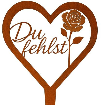 Grabschmuck Wetterfest - Du fehlst, Herz Grabstecker Metall Grabschmuck mit Spruch, Rostfarbene Grabdekoration für Friedhof Garten und Urnengrab, Dauertrauernde Gartendeko für Draußen Wetterfest