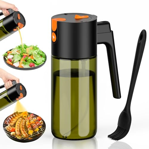 Euqvunn Pulverizador Aceite Spray 500 ml, 2-en-1 Spray & Vertedor, Vidrio Bloquea Luz, Dispensador de Aceite Recargable para Cocina, Freidora de Aire, Ensalada y Parrilladas, con Pincel (Negro)