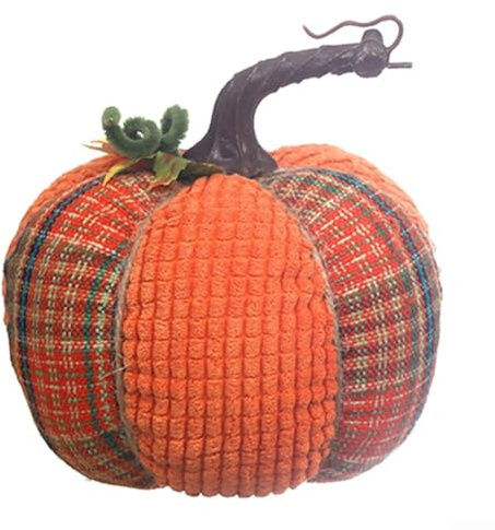 Sisinkal Calabazas hechas a mano de tela a cuadros, colección de cosecha de otoño, decoración de mesa de interior, tallo para decoración de temporada del hogar (naranja)