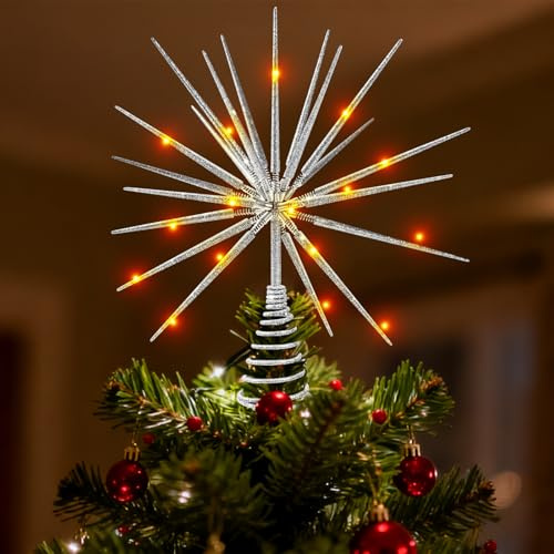 Punte per albero di Natale ，Dotato di 20 LED，a forma di stella,36 cm, decorazione per albero dinatale, stelle di Natale, pizzo con glitter argento (argento)