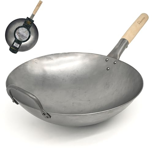 Homira Wok 36cm handgehämmert aus Karbonstahl mit rundem Boden und Holzgriff – traditionelle Wokpfanne, PFAS-frei, für Gas, Grill & Outdoor
