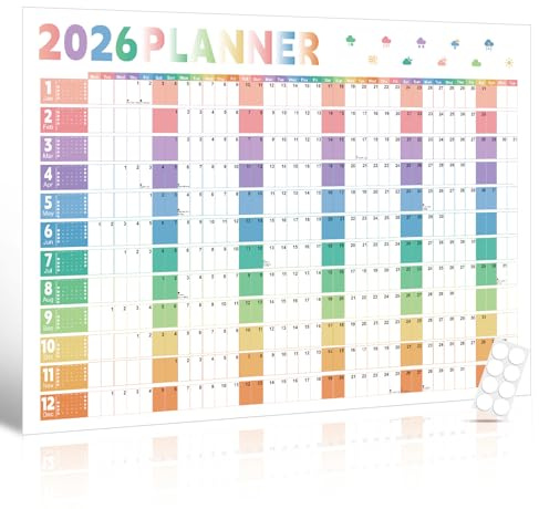 Wall Planner 2026 - A1 (84.1 x 59.4cm) - Double-Sided Laminated Yearly Schedule Calendar with 8 Stickers, Folded Packaging, Home Office School Wall Organiser, Month in row & Aligned weekend, Colourful