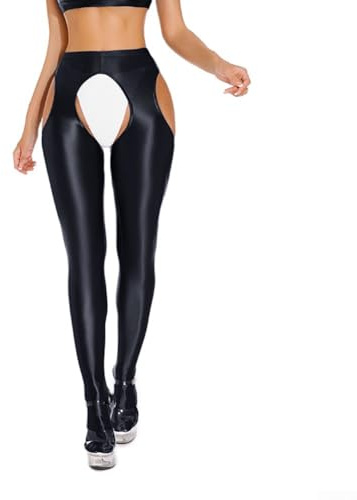 RANRAO Stretchiga tunna leggings med öppen gren för kvinnor glansiga blanka smala byxor lämpliga för olika aktiva användningsområden