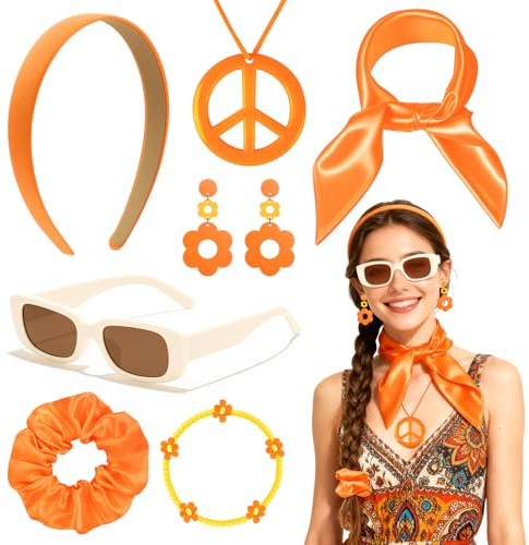 7 pièces Ensemble d'accessoires hippie, Accessoires vintage hippie pour femmes avec bandeau de cheveux orange, écharpe en soie, lunettes hippie, chaîne de paix, accessoires années 70, accessoires de