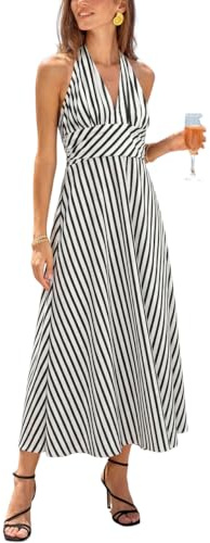 CUPSHE Vestidos de verano para mujer, a rayas, halter, espalda descubierta, cuello en V, playa, vacaciones, maxi vestido