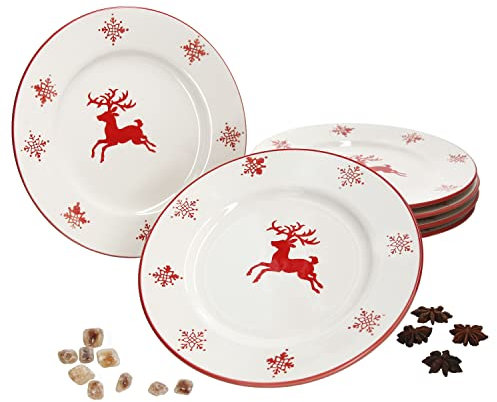 MamboCat 6er Kuchenteller-Set Weihnachten I Schneeflocken & Hirsch I für 6 Personen I Plätzchen, Kekse, Stollen I Christmas I X-Mas I Dessertteller flach I Steingut