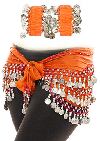 Aulufft 1 PCS Belly Dance Skirt 2 PCS Wrist Ankle Bracelets Orange Set