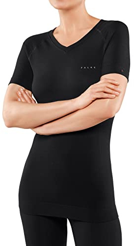 FALKE Wool-Tech Light V Neck W S/s Ts lana hilo funcional secado rápido 1 pieza, Capa de base superior Mujer, Negro Black 3000, M