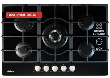 Corberó - Encimera de Cristal a Gas | CPCGM5F5021N | 10,08 Kw | 5 Fuegos | Autoencendido, Parrilla Hierro Fundido | Desconexión Automática | Kit de conversión a gas natural | Negro, Vidrio