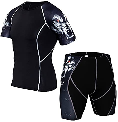 Men's Workout Set Compression Shirt & Shorts Top Shorts Sleeve Sports Base Layer Suit Quick Dry & Moisture-Wicking Black