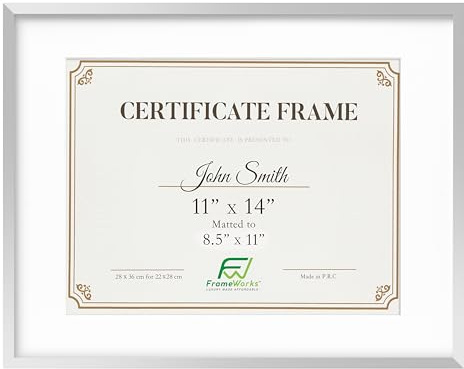 FrameWorks 11”x14” Matted to 8.5”x11” – Deluxe Silver Aluminum Contemporary Diploma Frame with Tempered Glass and Removable Mat