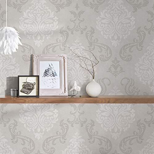 Papier peint pailleté gris à motif baroque Tapisserie rétro grise claire avec ornement Papier peint vintage idéal salon