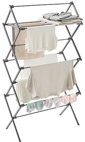 SONGMICS Foldable Clothes Drying Rack, Laundry Drying Rack, Clothes Airer, Steel Frame, 14.6 x 29.5 x 53.2 Inches, Easy Assembly, Indoor Outdoor Use, Gray ULLR770G01