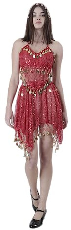 Carnavalife Conjunto Vestido Danza Vientre Profesional para Mujer Traje de Danza del Vientre Top Monedas + Falda Monedas Pirata + Diadema para Disfraz Bollywood Bailarina Árabe India Shakira (ROJO)
