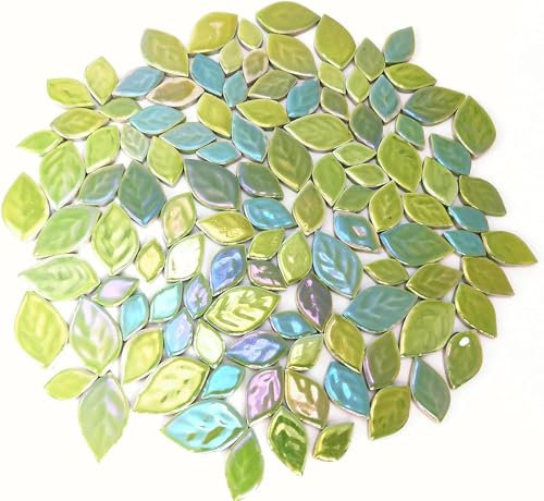 500g Random Iridescent Leaves Ceramics Mosaic Tiles,Making Creative 3 Size Ceramic Mosaic Pieces for DIY Craft,Flowerpots, Vases, Cups, Garden Decor Mosaic Making Supplies (Light Green)