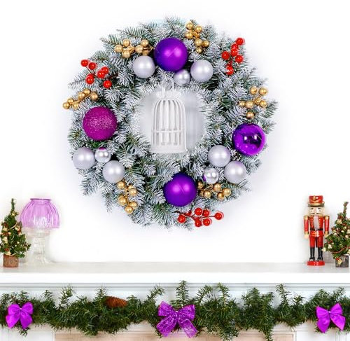 Minicoco Christmas Wreaths Purple for Front Door 30CM With Bow, Xmas Wreath Hanging for Door, Fireplace, Wall, Window, Decorations (Purple, 30CM)