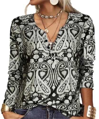 GRMLRPT T-Shirt col V Blouses à Manches Longues pour Femmes Imprimé Tunique Tops Lâche Chemisier T-Shirts pour Femmes Sweat-Shirt Tuniques Basiques Haut Automne(Style-B,XL)