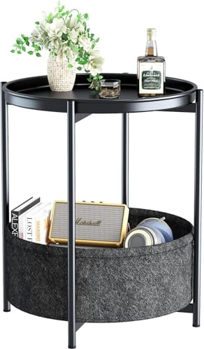 Beistelltisch Rund, Kleiner Tisch, Metall Balkontisch, Sofatisch 2 Ebenen, Couchtisch mit Korb aus Stoff, Nachttisch, Wohnzimmertisch, Beistelltische fürs Wohnzimmer Schlafzimmer Terrasse, Schwarz