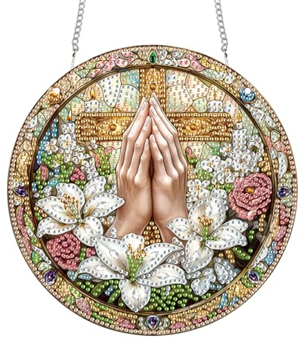 Reofrey Hanging Diamond Art Kits Adults– 8x8 Inch Crosses Acrylic Board Double Sided Pattern Diamond Art Suncatcher Pendant, DIY Crystal Art for Home Wall or Window Decoration Handmade Gift