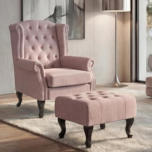 Mendler Fauteuil Chesterfield Rose Clair avec ottomane