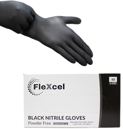 FleXcel Powder Free Nitrile Gloves, Black, Small - Medical-Grade, Latex-Free, Food Safe (Box of 100)