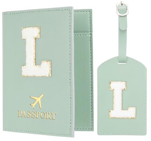 PATIKIL Funda Pasaporte con Identificador de Maletas, Funda para Pasaporte con Iniciales y Etiqueta de Equipaje con Parche de Letras de Chenilla, para Crédito, Tarjetas y Boletos, Verde L
