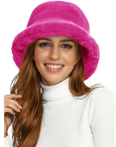 Lina & Lily Winter Faux Fur Bucket Hat for Women Men with Lining Soft Fluffy (Fuchsia Pink)