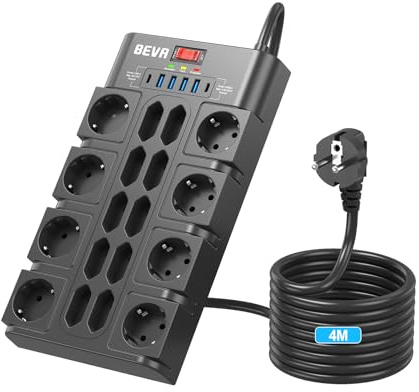 4M Ciabatta Multipresa 3680W/16A, BEVA Ciabatta Elettrica con 18 Prese CA, 4 Porte di Ricarica USB-A e 2 USB-C, Presa con Indicatore di Stato e Protezione Dalle Sovratensioni