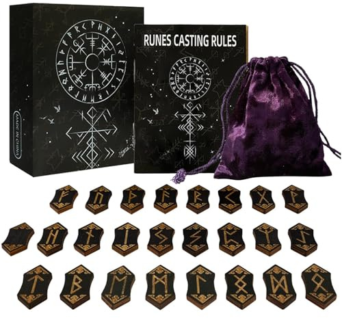 Nuytghr Juego de runas, Kit de adivinación de Madera, Piedras de símbolo de meditación, Negro, diseño Tallado a Mano, Bolsa de Almacenamiento incluida, para el hogar, Dormitorio, Escuela, Camping