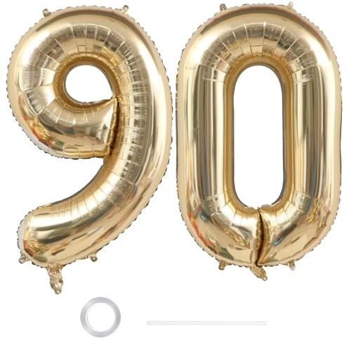 GoldRock XXL ballong 90-årsdag dekoration vitt guld, 100 cm ballongdekoration 90-årsdag kvinna man, siffror ballonger födelsedag 90, födelsedagsdekoration 90 år, folieballong 90 för jubileum, 90