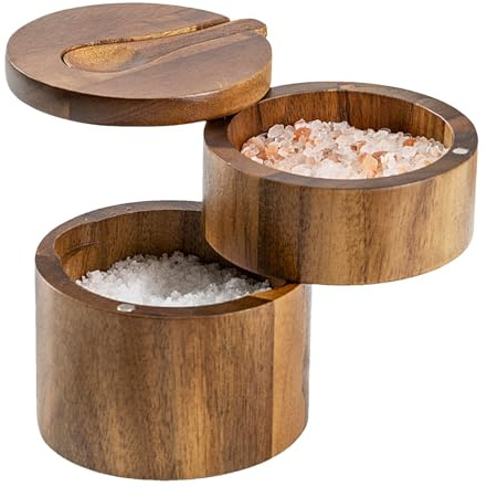 Buerfu Salt Cellar - Barattolo per sale marino con coperchio girevole magnetico, ciotola in legno a 2 strati con cucchiaio per riporre pepe, caffè, zucchero, decapaggio, cucina, piano di lavoro e