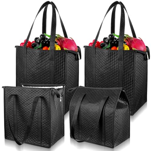 Afcabakila 4 PCS Insulated Grocery Bags, Reusable Thermal Cooler with Zipper for Food Shopping, Travel, Beach, and Picnic, Large Capacity Black