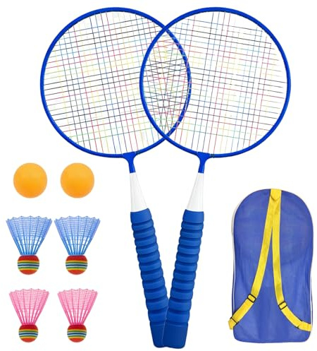 Kids Badminton Set, 1 Pair Kids Badminton Racket, Includes 2 Pink Rackets, 4 Shuttlecocks, 2 Ping Pong Balls and 1 Storage Bag, Kid and Teenager Friendly, Great for Indoor and Outdoor Play (Blue)