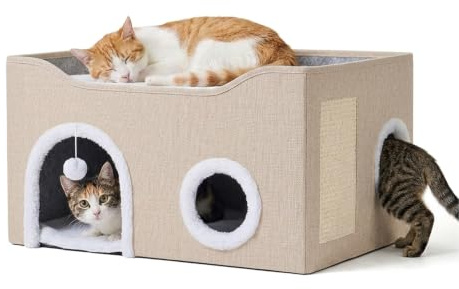Relaxdays kattkoja, H x B x D: 34 x 60 x 40 cm, klösyta, beige | Lekboll, 2 kattkuddar, hopfällbart kattbo