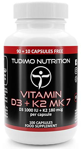 Vitamin D3 K2 MK7 Hochdosiert Kapseln 1000 IU / 180 mcg - 100 Stück (3+ Monatsvorrat) an D3+K2 MK 7 Tabletten mit Vit K (Menaquinon) und Vit D (Cholecalciferol Supplement) Pulver