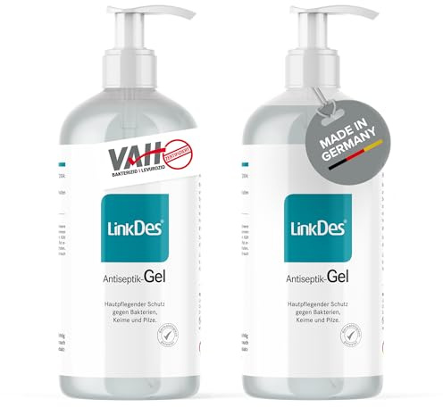 LinkDes® Gel anti-isepico, non si attacca alle mani, gel disinfettante, limitato viruzid EN 14476, 500 ml (2 pezzi)