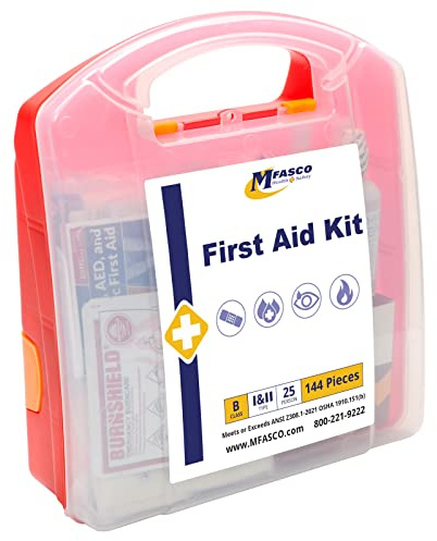 MFASCO ANSI Class B First Aid Kit - Durable Plastic First Aid Box for Business, Workplace Kit for Home - Fully Stocked with Essential Supplies for Safety & Emergencies, Economical Kit Box