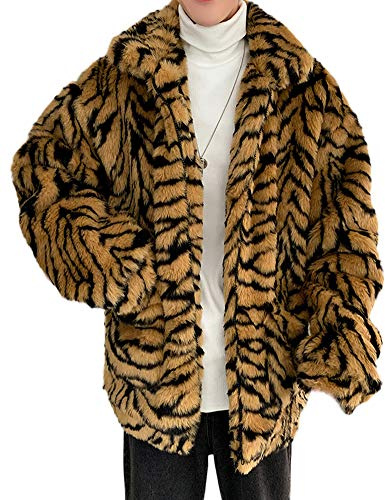 GUOCU Homme Rétro Chaud Veste en Peluche Manteaux Court en Fausse Fourrure, Elégant Doux Imitation Faux Fourrure Léopard Cardigan Lapel Blazer Manteau Hiver Parka Blousons Outwear Trench-Coat Jaune M