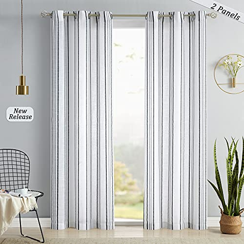 SXZJTEX Black and White Striped Cafe Curtains 84 Inch Length 2 Panels for Living Room Bedroom Boho Farmhouse Sheer Stripe Linen Textured Window Treatment Drapes, Grommet Top, 42 x 84