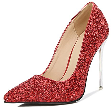 Women's Pointed Toe Slip On Sexy Glitter 4 Inch Metal High Heel Stiletto Pumps for Party Evening Wedding Red Glitter Size 8