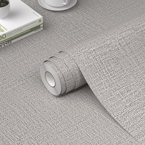 WADILE Grasscloth Peel and Stick Wallpaper, 40cm X 20m Textured Contact Paper, Faux Linen Wall Paper, Fabric Vinyl Wallpaper Self Adhesive Light Gray