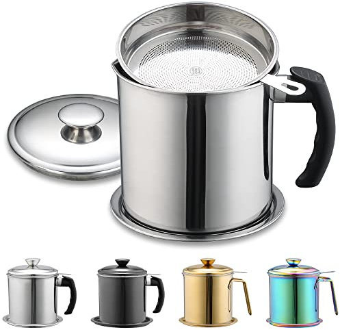Berglander Speckfettbehälter mit Filter 47oz / 1.4L, Edelstahl-Ölvorratsbehälter mit feinmaschigem Filter staubdicht zur Lagerung von Frittieröl und Speisefett, Kochgeschirrzubehör
