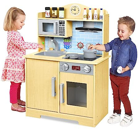 LARS360 Cuisine de jeu en bois, cuisine pour enfants, cuisine de jeu d'extérieur en bois massif avec accessoires tels que micro-ondes, four, évier, ustensiles de cuisine et épices (59,5 x 29,5 x 92